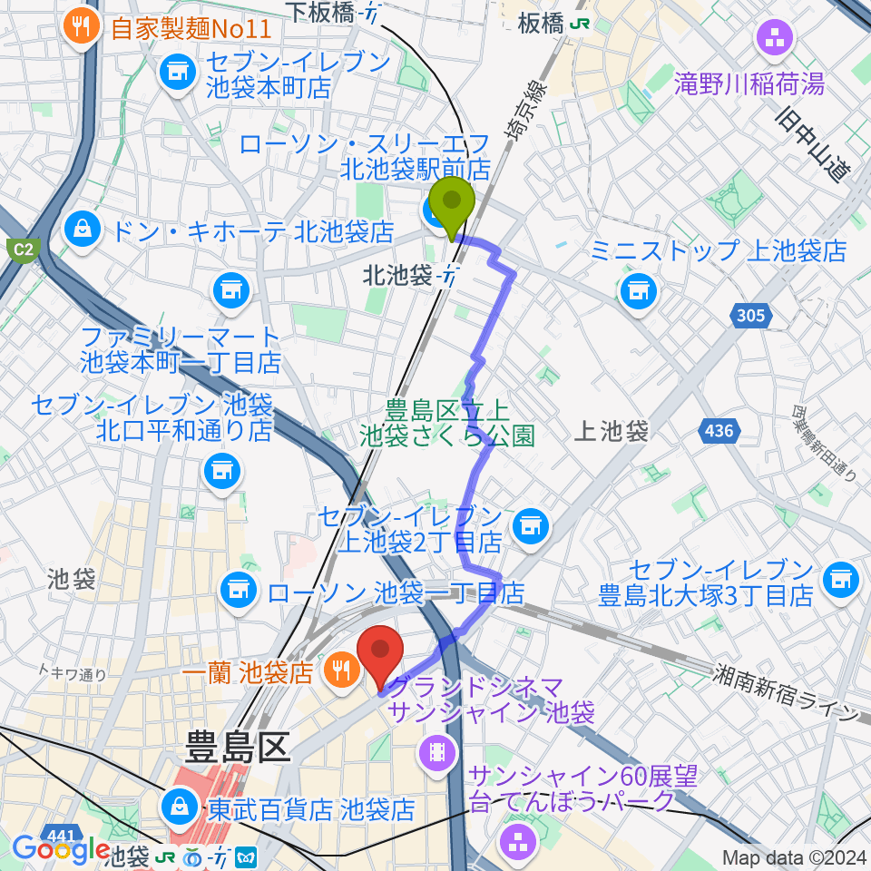 北池袋駅からロックハウスイケベ池袋へのルートマップ地図