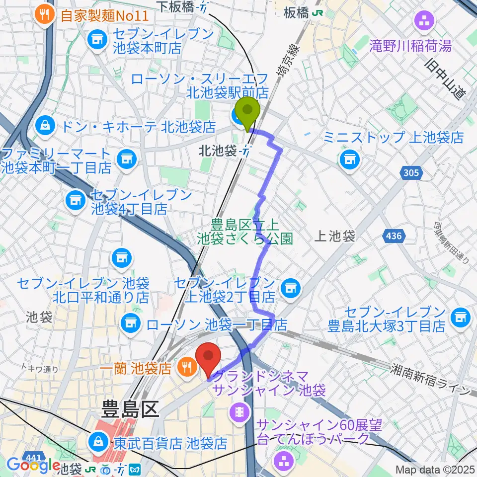 北池袋駅からロックハウスイケベ池袋へのルートマップ地図