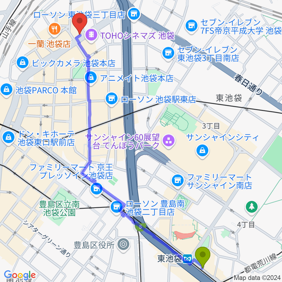 東池袋駅からロックハウスイケベ池袋へのルートマップ地図