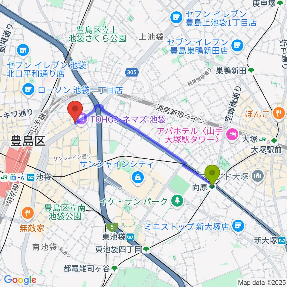 向原駅からロックハウスイケベ池袋へのルートマップ地図