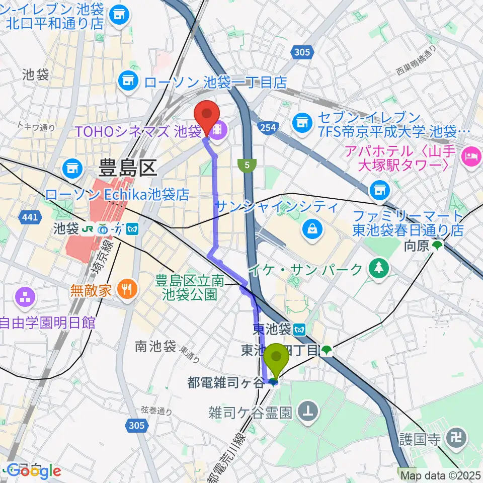 都電雑司ヶ谷駅からロックハウスイケベ池袋へのルートマップ地図