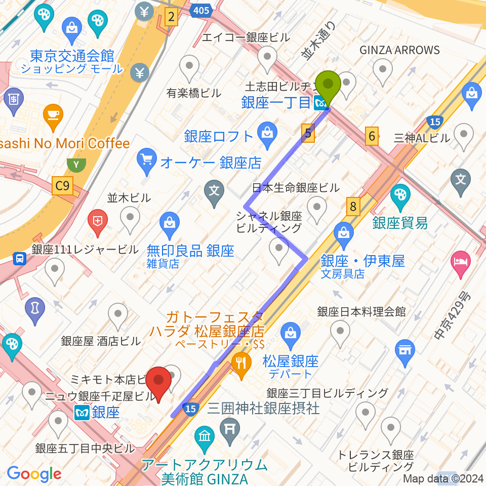 銀座一丁目駅から山野楽器 銀座本店へのルートマップ地図