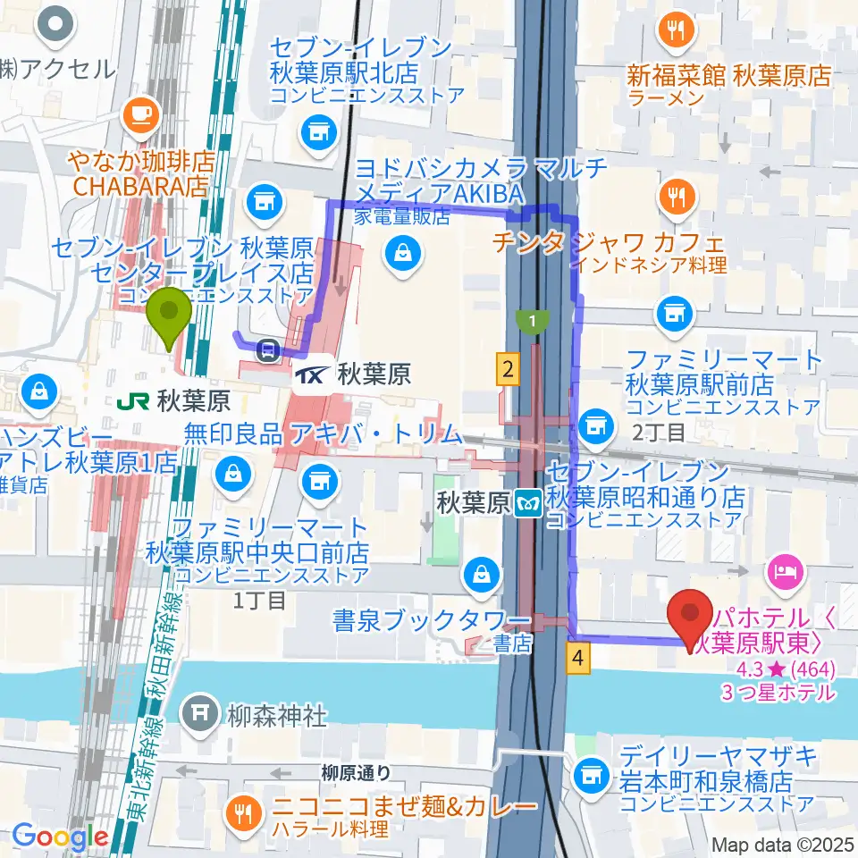 秋葉原駅からイケベ楽器店リボレ秋葉原へのルートマップ地図