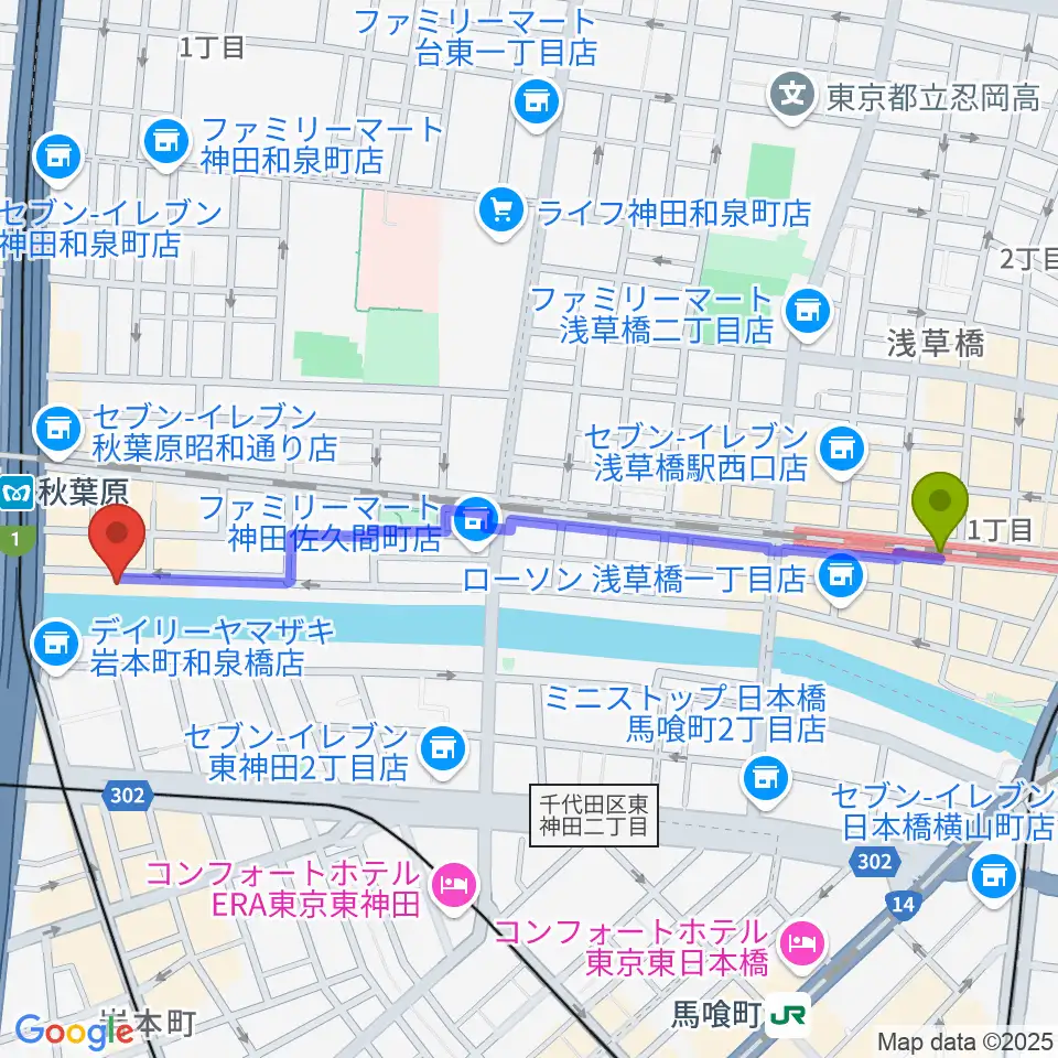 浅草橋駅からイケベ楽器店リボレ秋葉原へのルートマップ地図