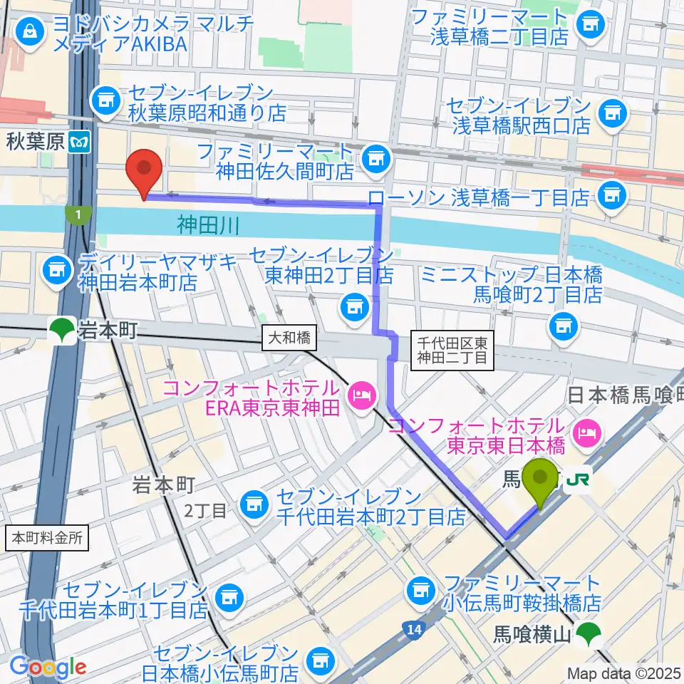 馬喰町駅からイケベ楽器店リボレ秋葉原へのルートマップ地図