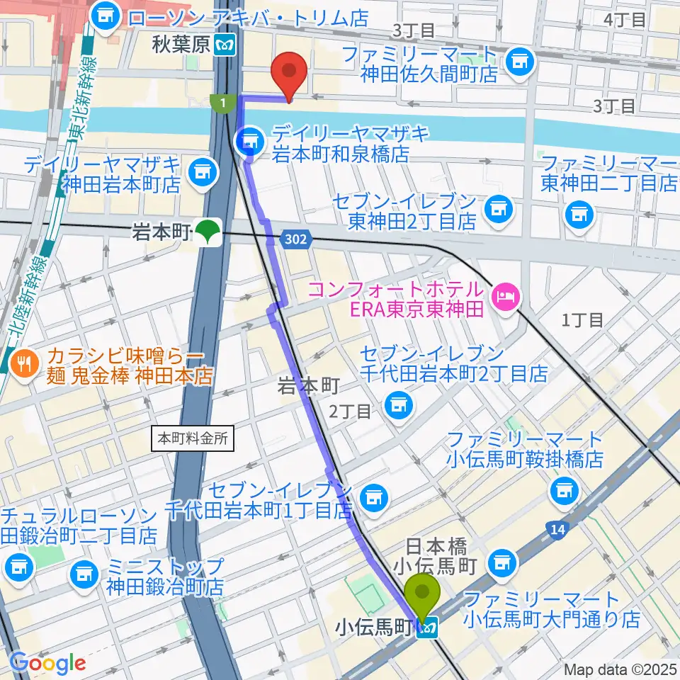 小伝馬町駅からイケベ楽器店リボレ秋葉原へのルートマップ地図