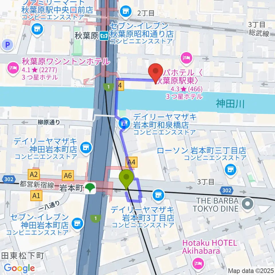 イケベ楽器店リボレ秋葉原の最寄駅岩本町駅からの徒歩ルート（約3分）地図