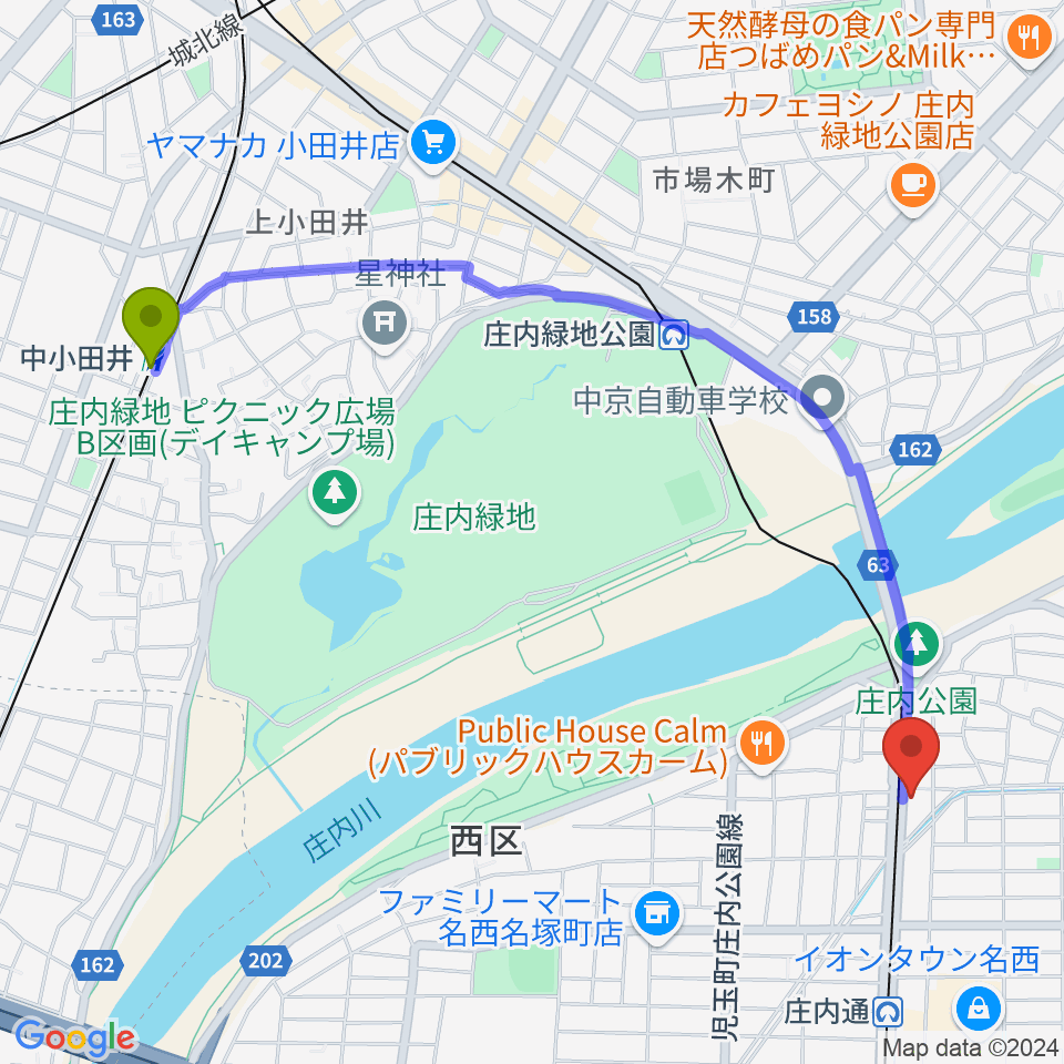 中小田井駅から和楽器山本へのルートマップ地図