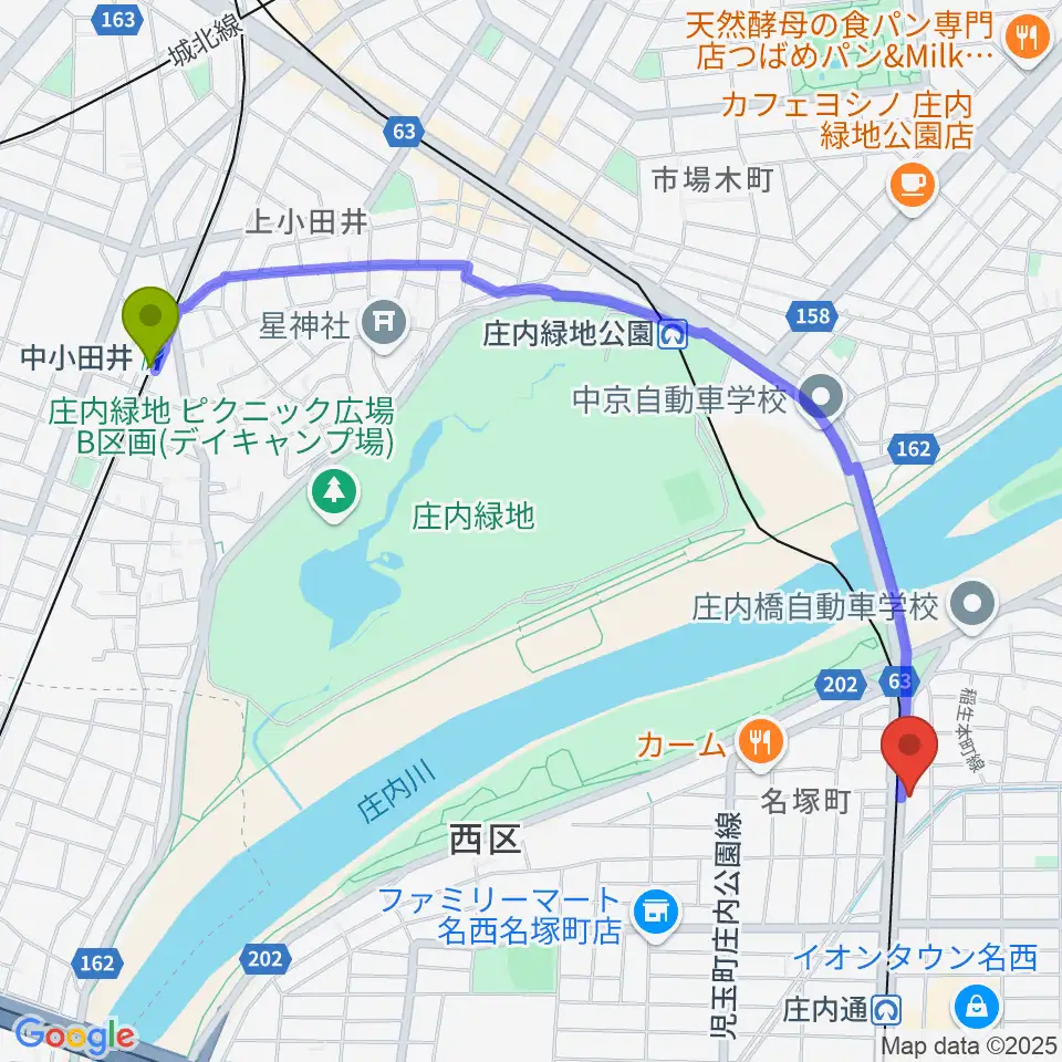 中小田井駅から和楽器山本へのルートマップ地図