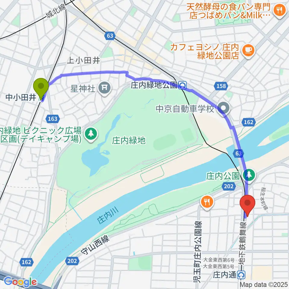 中小田井駅から和楽器山本へのルートマップ地図