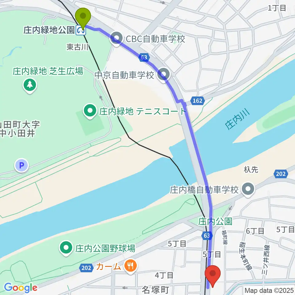 庄内緑地公園駅から和楽器山本へのルートマップ地図