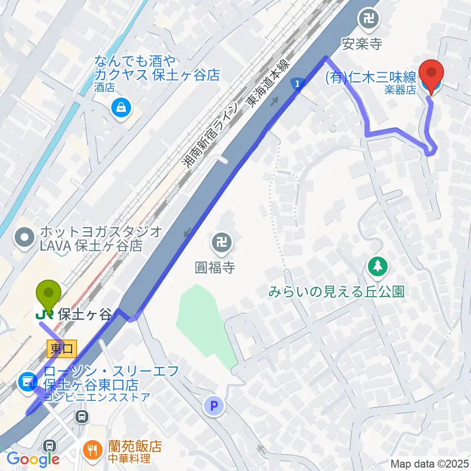 仁木三味線の最寄駅保土ケ谷駅からの徒歩ルート（約7分）地図