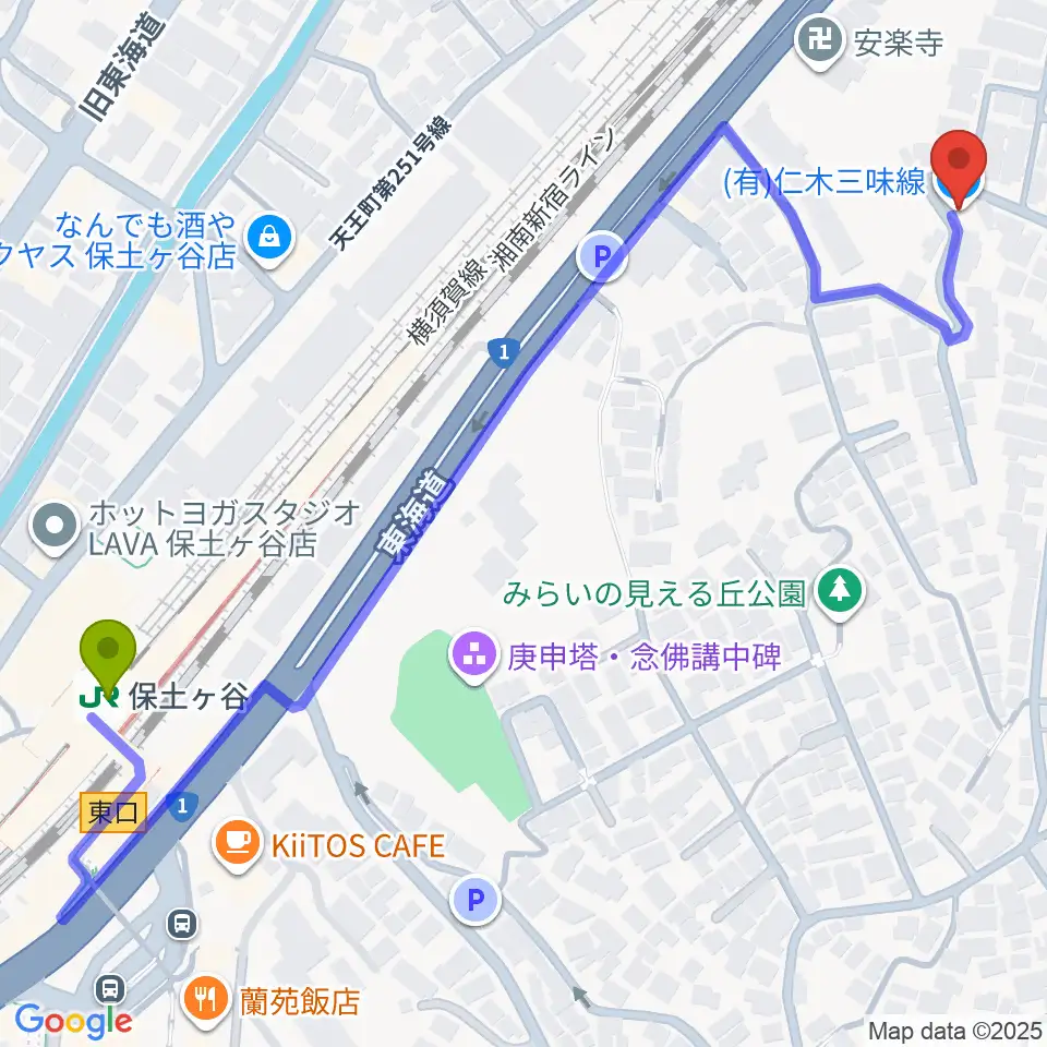 仁木三味線の最寄駅保土ケ谷駅からの徒歩ルート（約7分）地図