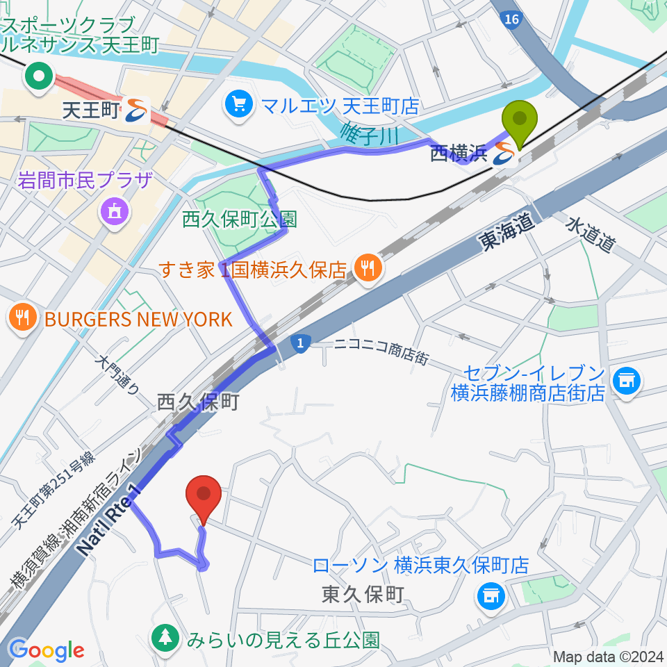 西横浜駅から仁木三味線へのルートマップ地図