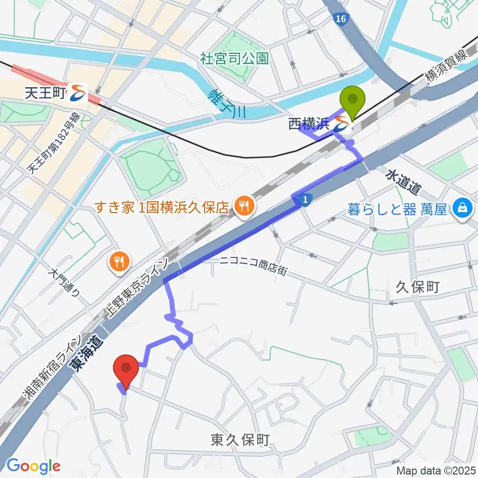 西横浜駅から仁木三味線へのルートマップ地図