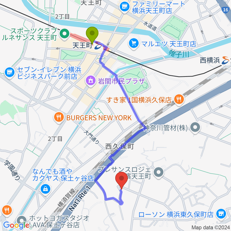 天王町駅から仁木三味線へのルートマップ地図