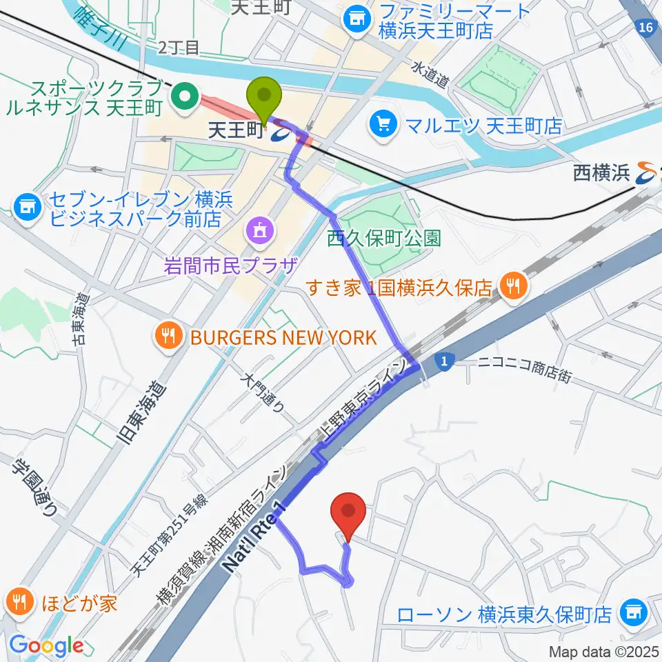 天王町駅から仁木三味線へのルートマップ地図