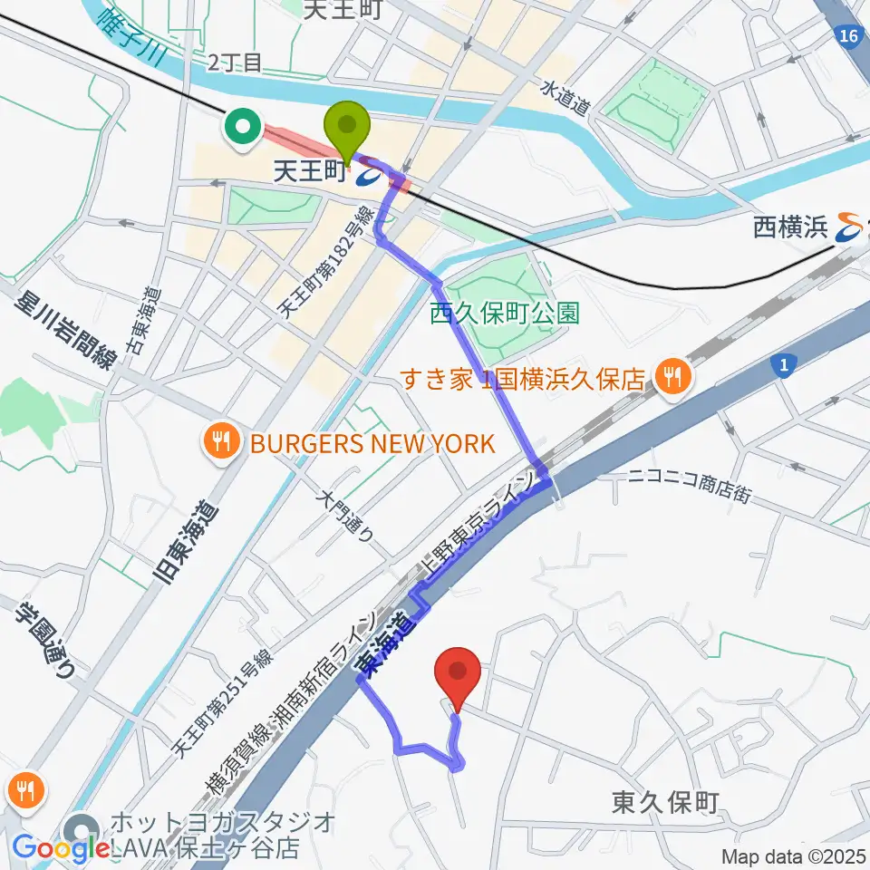 天王町駅から仁木三味線へのルートマップ地図