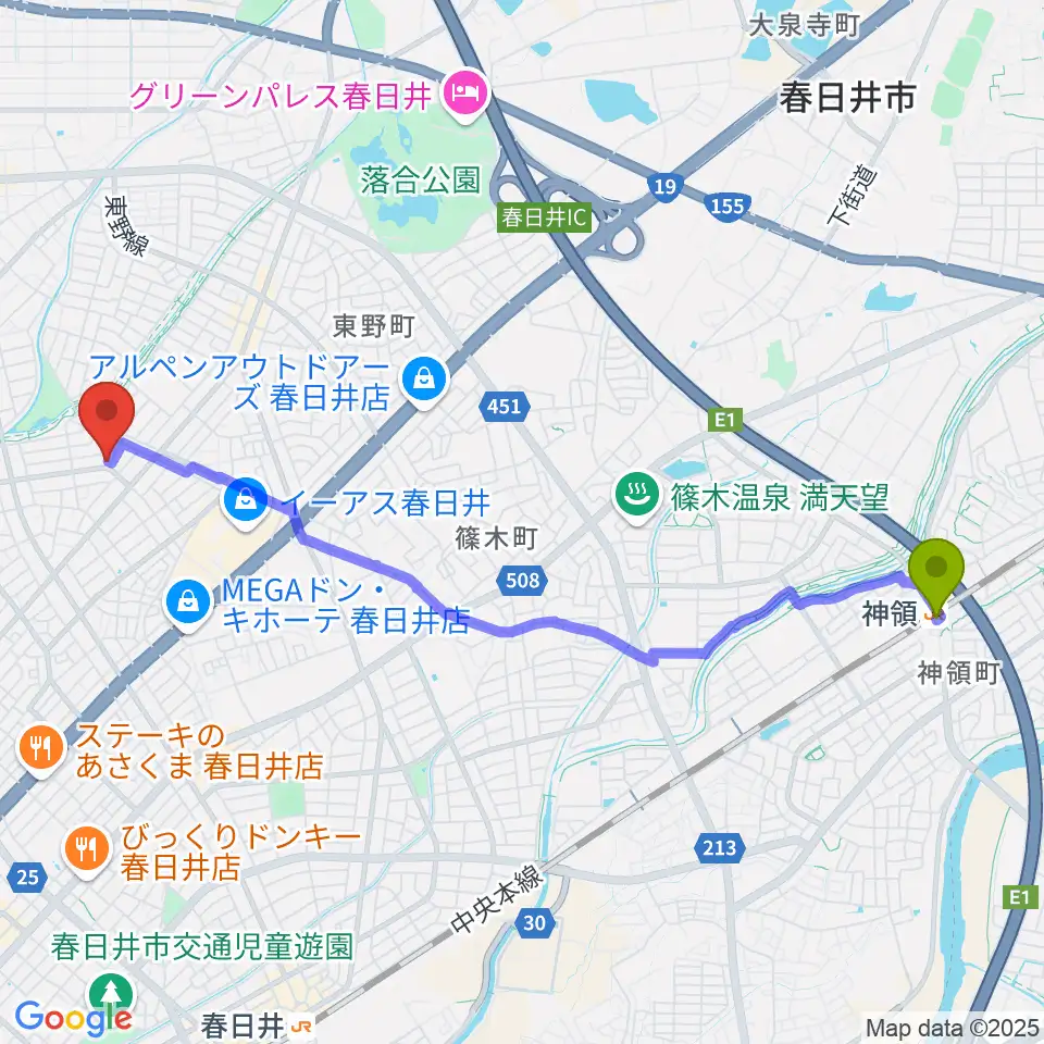 神領駅から馬場淳史 津軽三味線教室へのルートマップ地図