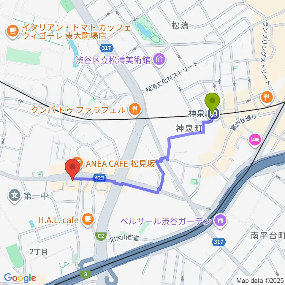STUDIO SEEZEの最寄駅神泉駅からの徒歩ルート（約8分）地図