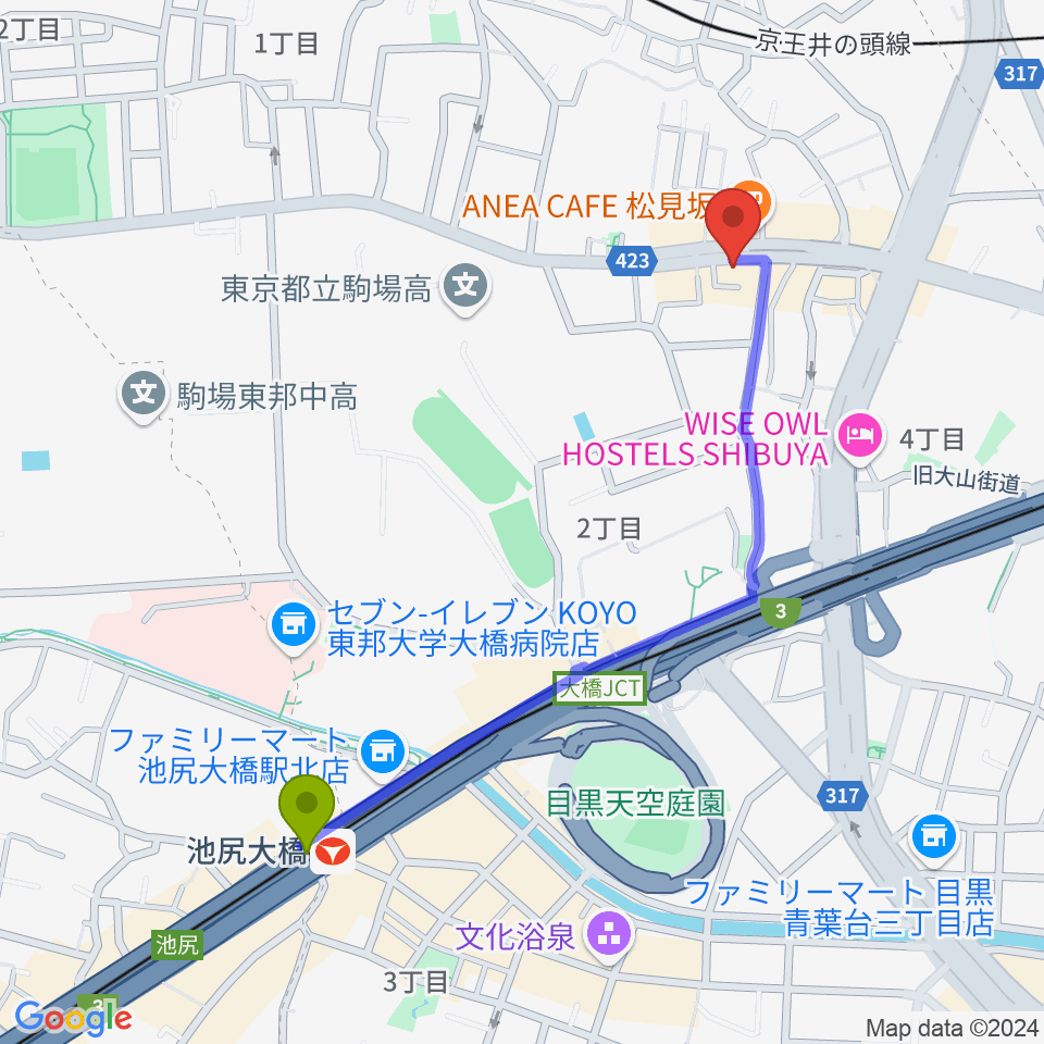 池尻大橋駅からSTUDIO SEEZEへのルートマップ地図