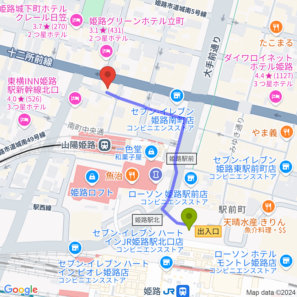 Vocal Lesson UPの最寄駅姫路駅からの徒歩ルート（約4分）地図