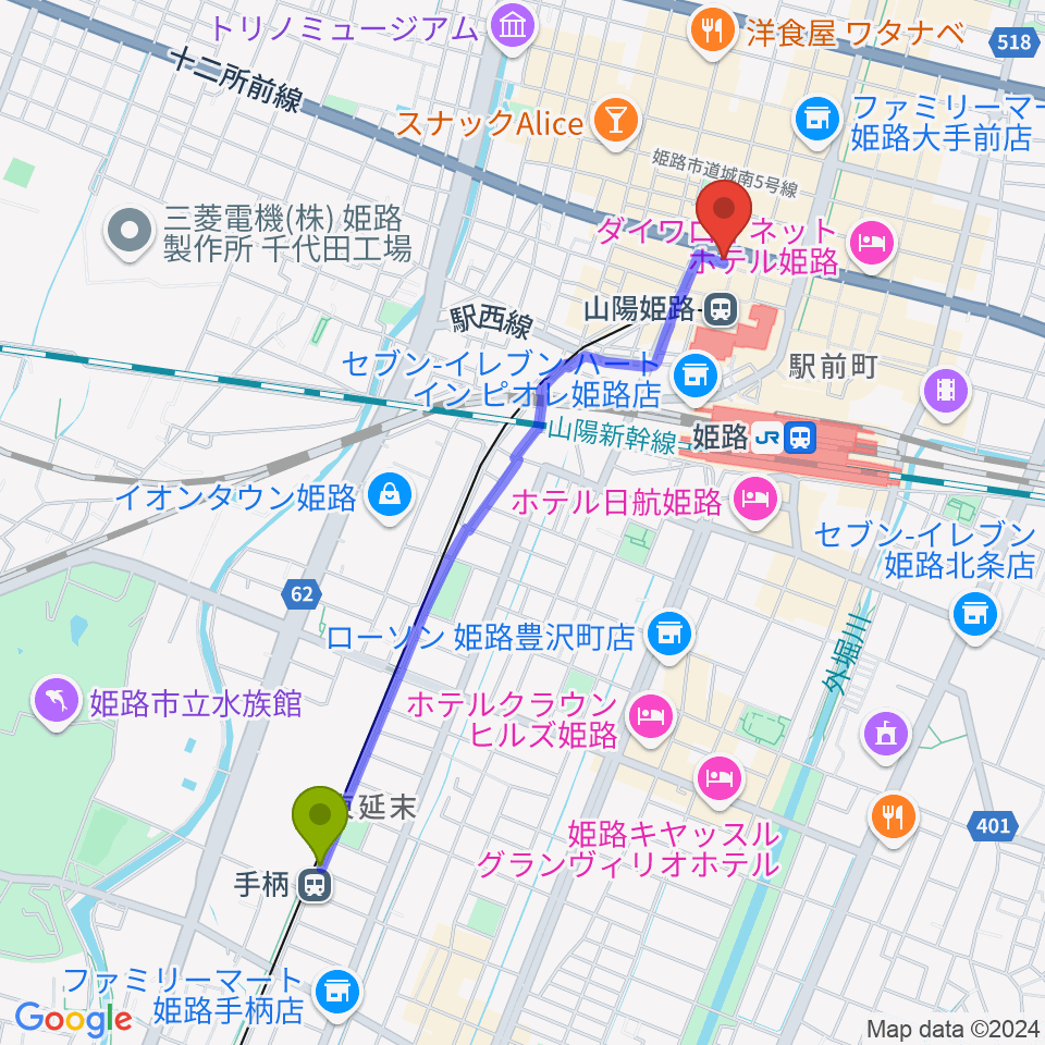 手柄駅からVocal Lesson UPへのルートマップ地図