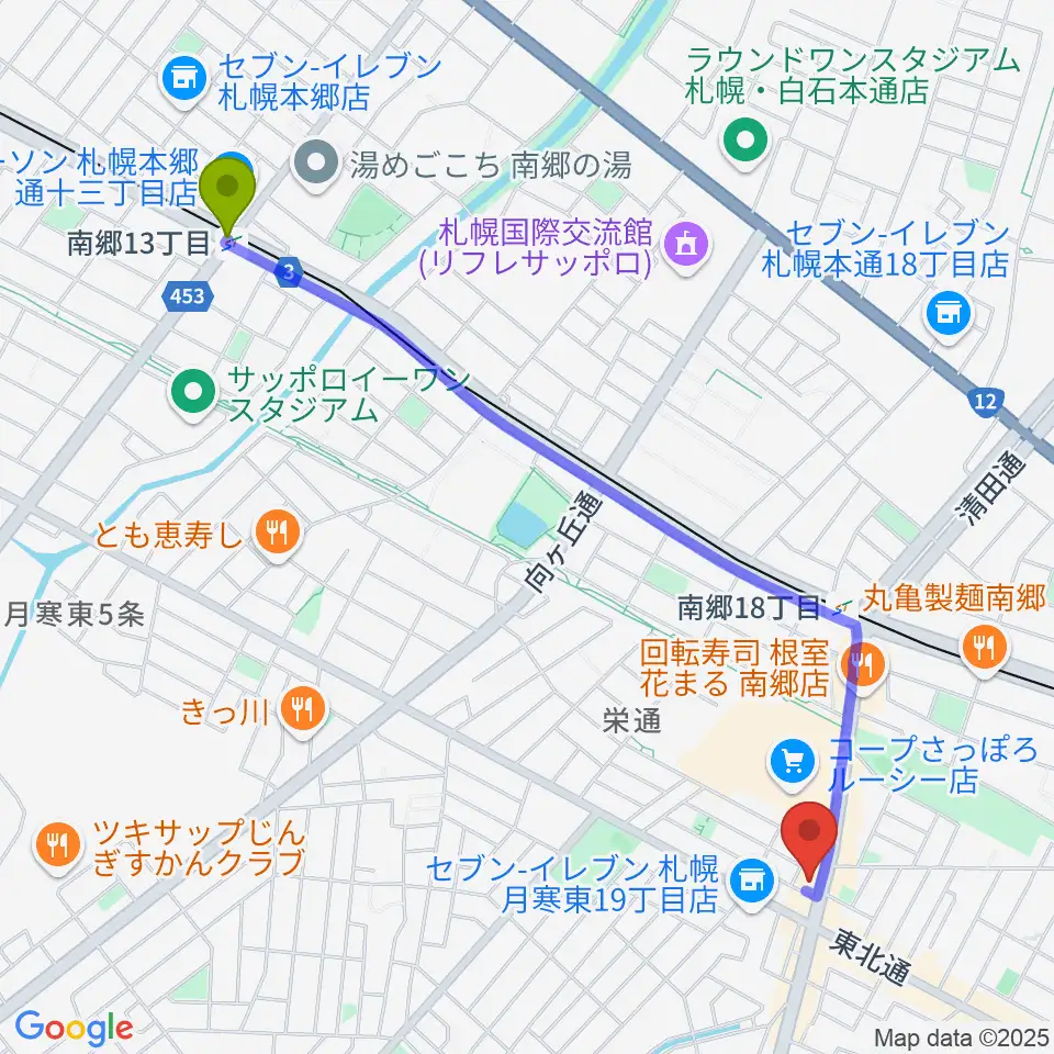 南郷１３丁目駅からMusic&Drinks LEGENDSへのルートマップ地図