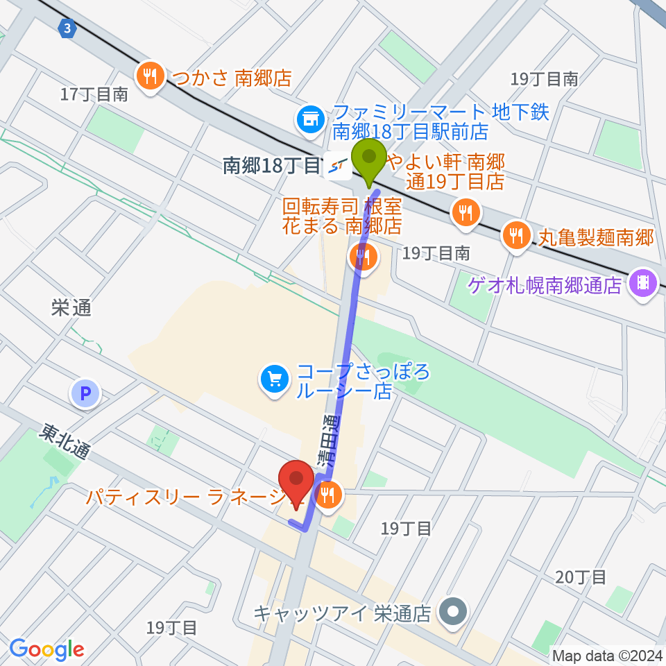 Music&Drinks LEGENDSの最寄駅南郷１８丁目駅からの徒歩ルート（約7分）地図