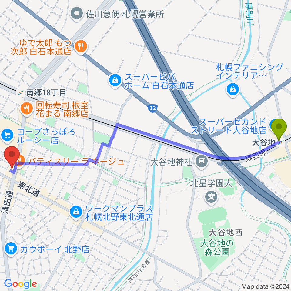 大谷地駅からMusic&Drinks LEGENDSへのルートマップ地図