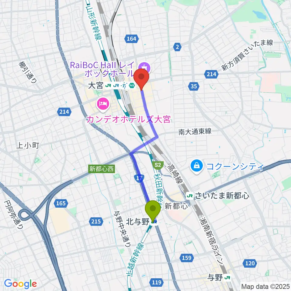 北与野駅からクレアーレ大宮へのルートマップ地図