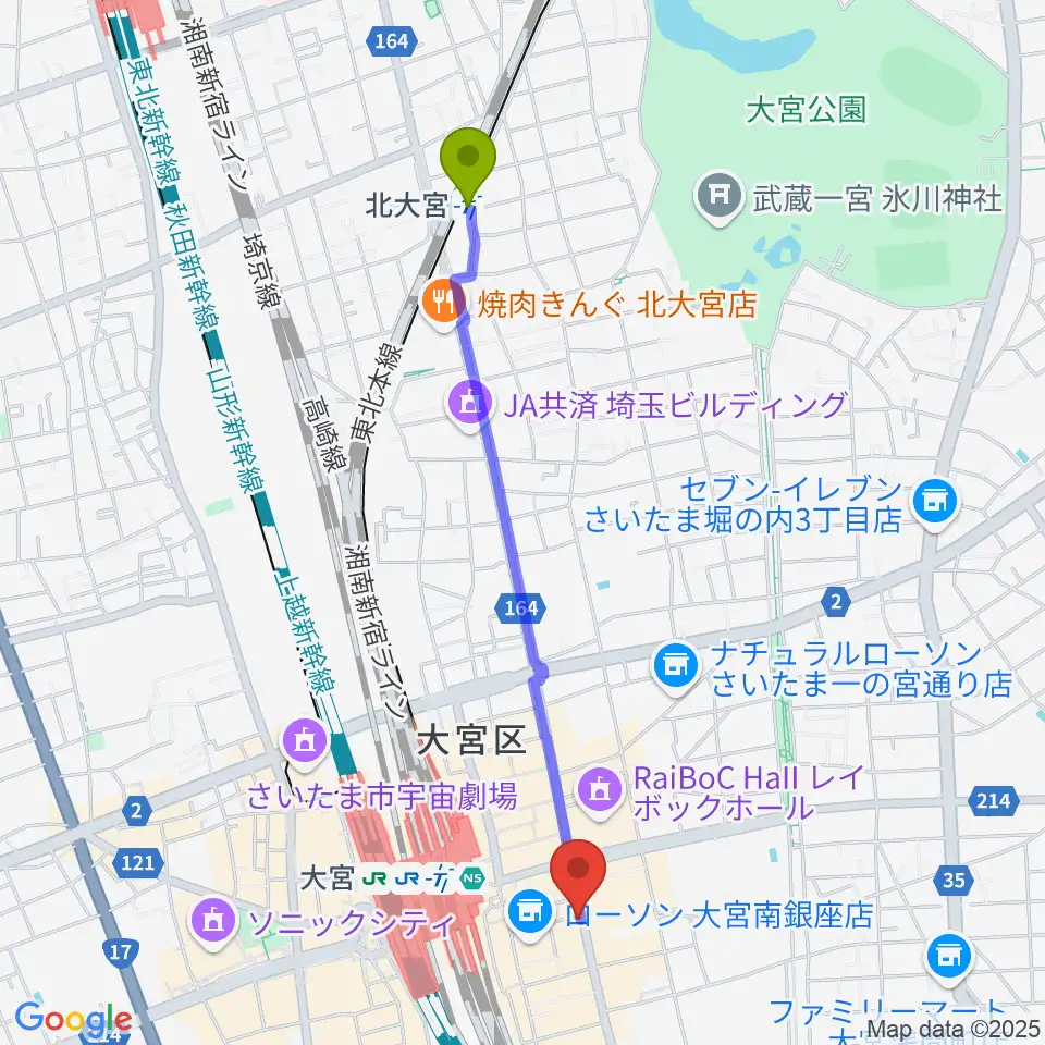 北大宮駅からクレアーレ大宮へのルートマップ地図