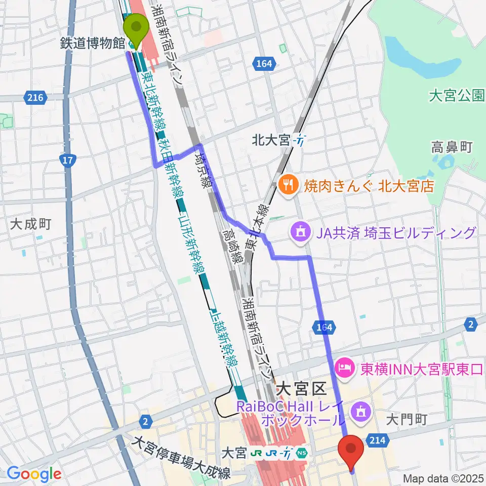 鉄道博物館駅からクレアーレ大宮へのルートマップ地図