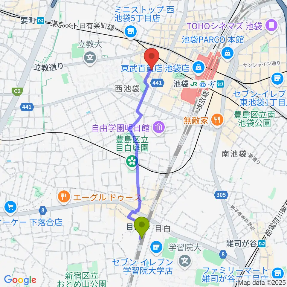 目白駅からイケガクへのルートマップ地図