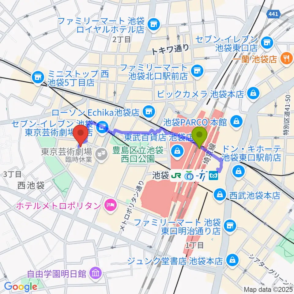 イケガクの最寄駅池袋駅からの徒歩ルート（約6分）地図