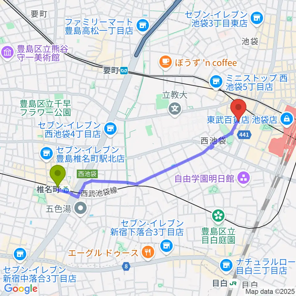 椎名町駅からイケガクへのルートマップ地図