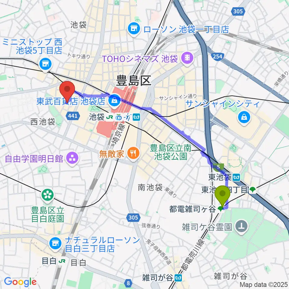 都電雑司ヶ谷駅からイケガクへのルートマップ地図