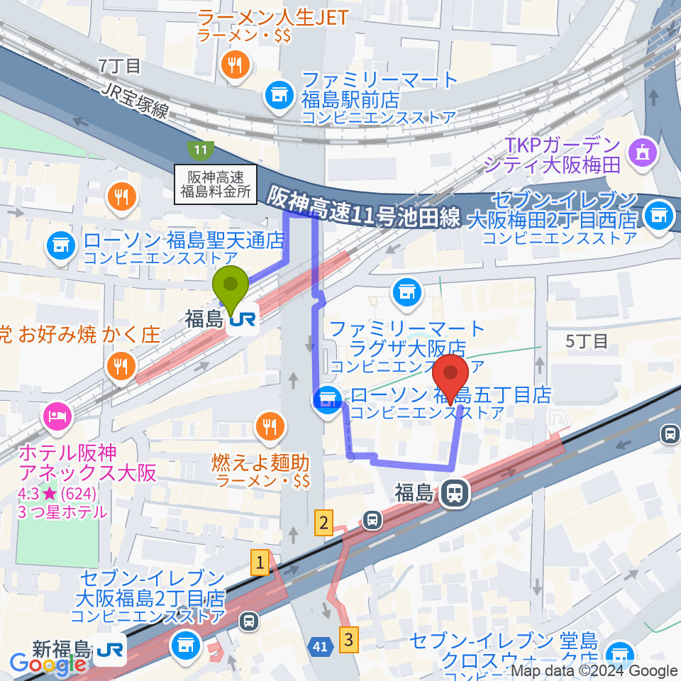 MUSIC SCHOOL NECOの最寄駅福島駅からの徒歩ルート（約3分）地図