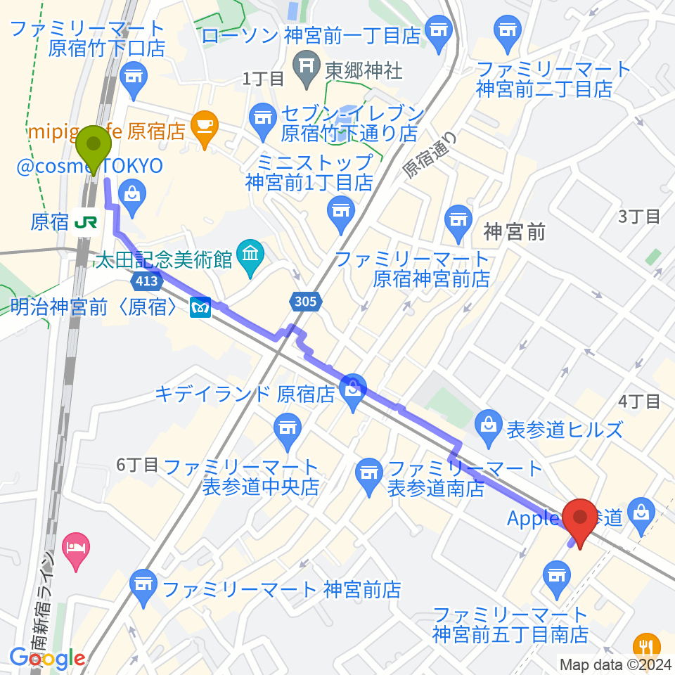 原宿駅からカワイ表参道へのルートマップ地図