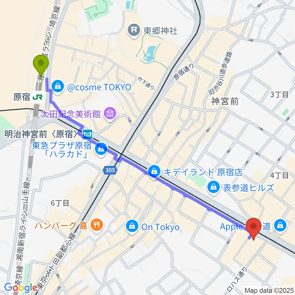 原宿駅からカワイ表参道へのルートマップ地図