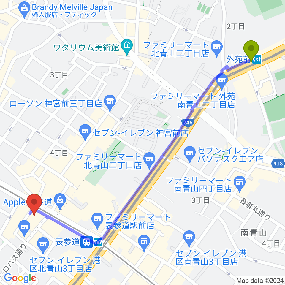 外苑前駅からカワイ表参道へのルートマップ地図