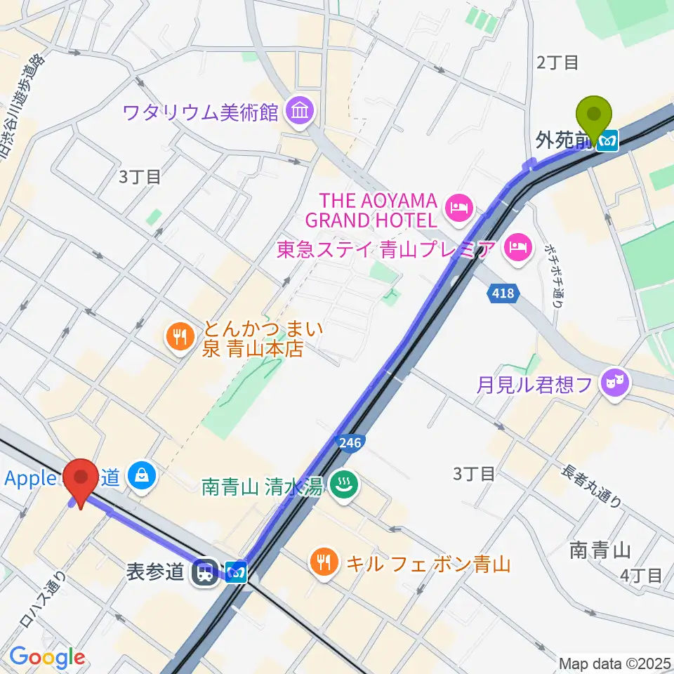 外苑前駅からカワイ表参道へのルートマップ地図