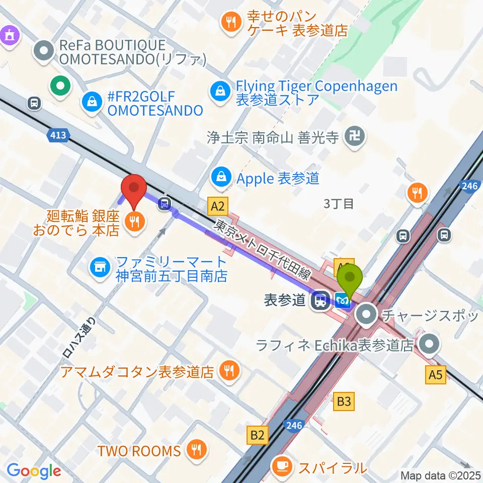 カワイ表参道の最寄駅表参道駅からの徒歩ルート（約4分）地図