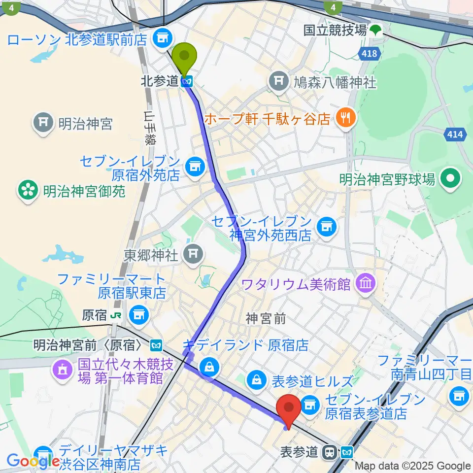 北参道駅からカワイ表参道へのルートマップ地図