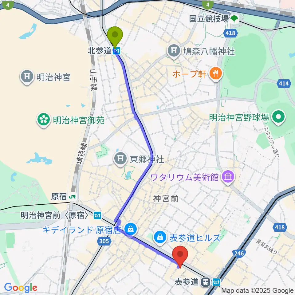 北参道駅からカワイ表参道へのルートマップ地図