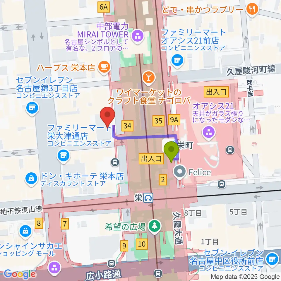 カワイ名古屋の最寄駅栄町駅からの徒歩ルート（約2分）地図