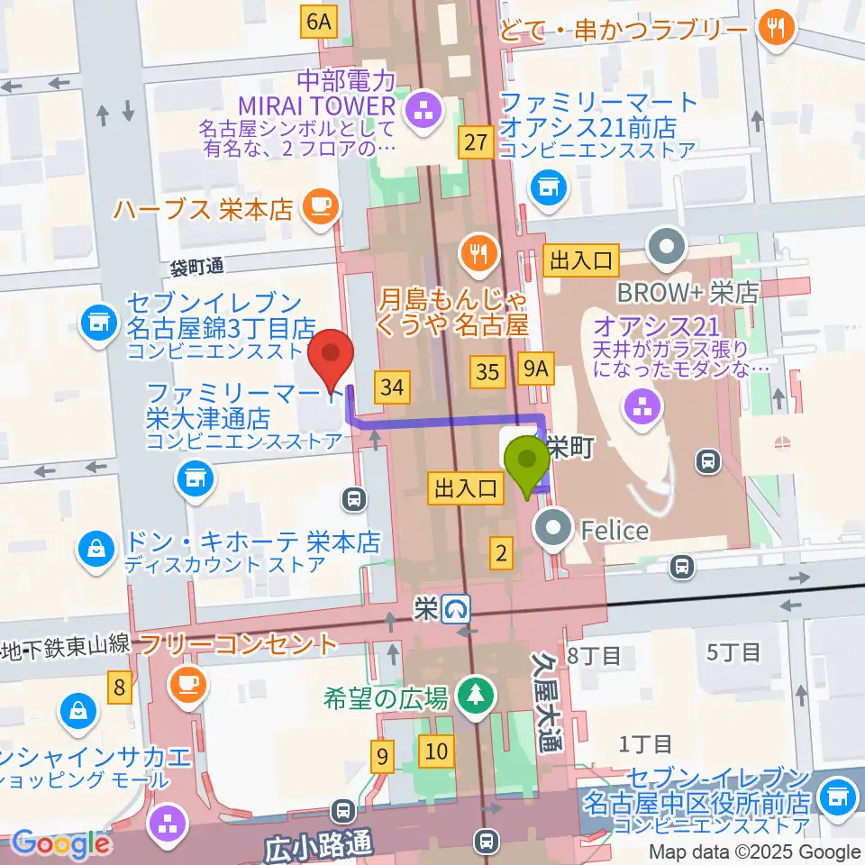 カワイ名古屋の最寄駅栄町駅からの徒歩ルート（約2分）地図