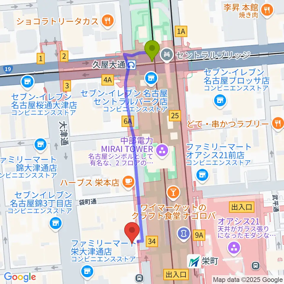 久屋大通駅からカワイ名古屋へのルートマップ地図