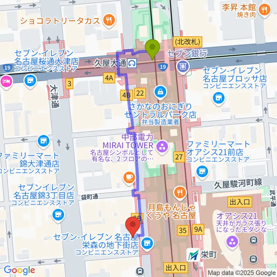 久屋大通駅からカワイ名古屋へのルートマップ地図
