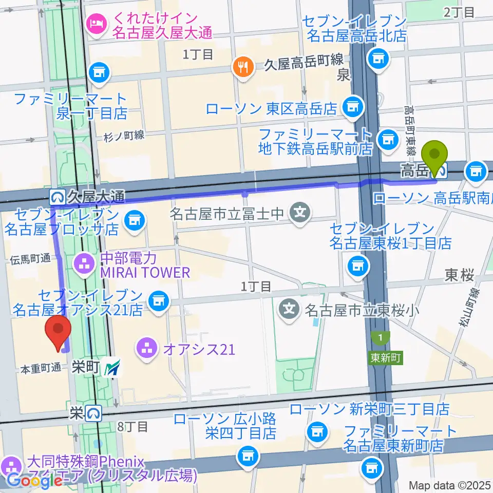 高岳駅からカワイ名古屋へのルートマップ地図